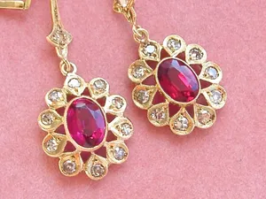 Tishya <b>Diamond</b> 925 Silver Gold Plated Vintage Style Drop/<b>Dangle</b> <b>Earrings</b> Bezel Set Lab Created Pink Sapphire Moissanite for - Product Image 2