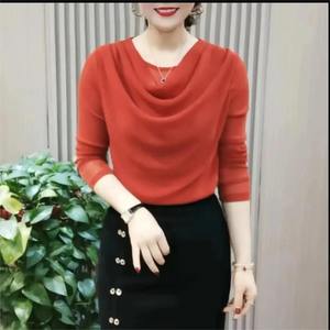 Hauts plissés décontractés à manches longues pour femmes, couleur unie, t-shirts fins avec bas en fil de maille, vêtements de bureau ajustés, pour l'automne et le printemps - Product Image 6