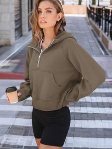 Sweatshirts surdimensionnés personnalisés pour femmes Pull à capuche à demi fermeture éclair Sweats à capuche à manches longues à épaules tombantes - Product Image 4