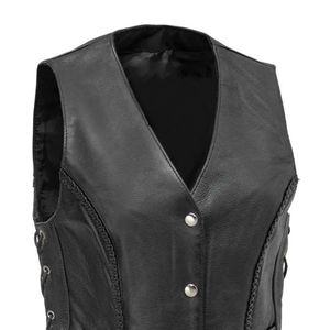 Gilet de motard pour femme personnalisé en cuir véritable pleine fleur coupe-vent col en V style extérieur veste d'hiver avec design personnalisé - Product Image 3