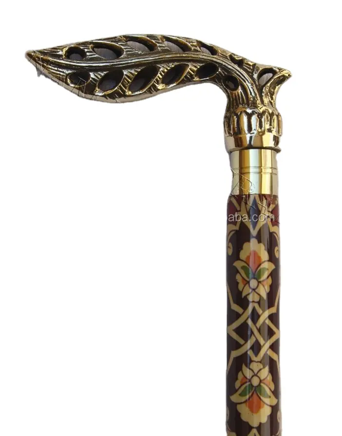 Handmade printed wooden walking stick with brass derby handle / Printed wooden walking canes with brass derby handle