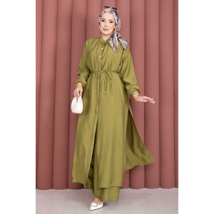 Conjunto de Túnica Larga Verde Oliva para Mujer, Modal y Chifón, Cuello Mao con Cordones, Atuendo Otoñal de Dos Piezas, Incluye Top - Product Image 3
