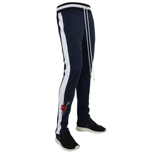 Men's Sweatpants With <b>White</b> Side Stripe And Rose Embroidery Elastic Waist Drawstring Casual <b>Joggers</b> - Product Image 1