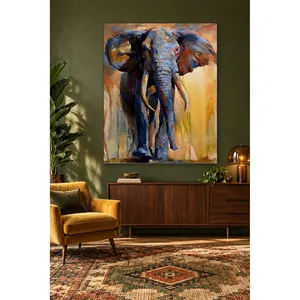 Impression sur toile Fida Elephant aux tons bleus et moutarde - Product Image 1