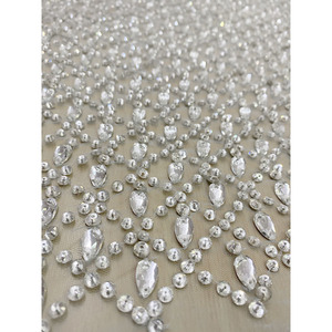 Silver Cascade Luxury <b>Fabric</b> with Crystal Embroidery 100% Polyester Breathable Woven Lace In-Stock Item - Product Image 3