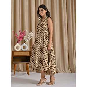 Vestido beige y negro de algodón estampado con diseño de buti, de corte asimétrico, casual y elegante, talla XS, muy transpirable, con caída natural y drapeado, ideal para el día a día o para salir a discoteca. - Product Image 4