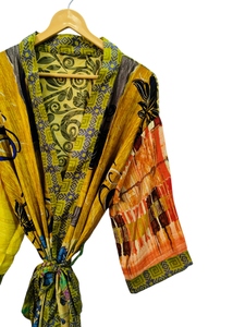 Kimono de retazos de seda de lujo, bata de Bikini para cubrir, bata larga de noche, Kimono Sari de seda reciclado Vintage indio hecho a mano, - Product Image 3