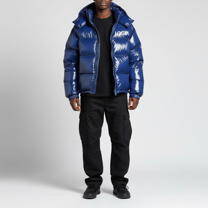 Wholesale Shiny Blue Color Zipper Style Men's Puffer <b>Jacket</b> Lightweight Fabric Solid Pattern Cotton Filled Hooded Bubble <b>Jackets</b> - Product Image 5