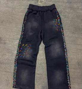 Custom Cotton <b>Paint</b> Acid Wash Sweat Pants Baggy Straight Wide Leg Rhinestone Men Sweatpants - Product Image 4