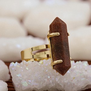 Bagues de pierres précieuses en pierre d'or rouge de guérison à double pointe-Bague pour femme en plaqué or avec longue pierre-Bijoux en cristal en argent 925 - Product Image 1