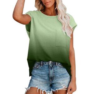 เสื้อเชิ้ตลำลองแขนสั้นพิมพ์ลายคอกลมสำหรับผู้หญิงแฟชั่นใหม่ฤดูร้อนเสื้อยืดไหล่ตกพื้นสีจาง - Product Image 2