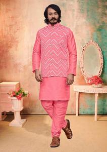 Koti Kurta ผ้าไหมของผู้ชายพร้อมชุดนอนจากอินเดียปักสีผู้ชายพร้อมกระจกทำงานราคาถูก - Product Image 4