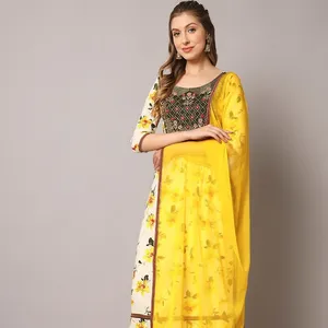 印花百褶线作品Kurta配裤子 & 配Dupatta印度派对婚纱草坪礼服Salwar Kameez