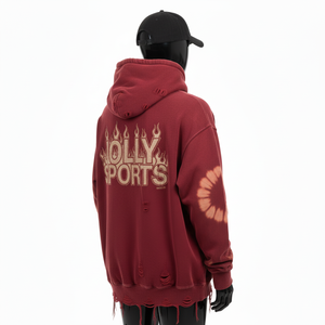 เสื้อฮู้ดดี้ผู้ชายไซส์ใหญ่ ผ้าฝ้ายฟลีซพรีเมียม GSM สีแดงอมน้ำตาล ผ้าฟอกทำสีซีด ปักโลโก้ตามสั่ง สไตล์สตรีทแวร์ เสื้อฮู้ดดี้พื้นฐาน - Product Image 5