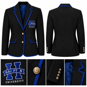 Blazer décontracté noir brodé de l'Université Hamptoon, coupe ajustée, bordure bleue, simple boutonnage, anti-plis, anti-statique - Product Image 2