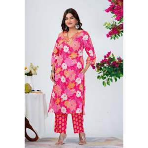 Conjunto de Kurta de Algodón con Estampado Floral Rosa Brillante para Mujer, con Dupatta, Estilo Pakistaní, Lehenga Choli, Ropa Festiva y Étnica - Product Image 6