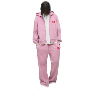 <b>Men's</b> <b>Pink</b> Fleece Hoodie Jogger Set with Micro Stud Detailing Zip Front Hooded Tracksuit for OEM Wholesale - Product Image 1