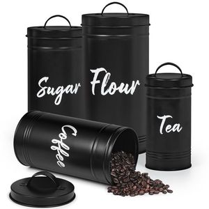 Matte Black Airtight <b>Kitchen</b> Canister Set 4PCS Metal Sugar Flour Tea Coffee <b>Storage</b> Jar Food <b>Container</b> with Lid for Home Decor - Product Image 1