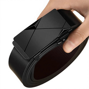Men's Automatic Buckle <b>Belt</b> Solid Black Cow Hide Leather Formal Style Geometric Design Durable One-Piece Molding - Product Image 1