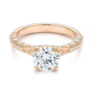 2023新款复古纯金圆形Moissanite戒指双爪叉套装订婚戒指女性装饰艺术承诺戒指