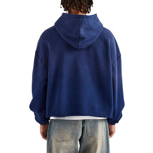 Sweat à capuche surdimensionné de haute qualité personnalisé, lourd, délavé, avec broderie de lettres, bord brut, bleu marine, pour homme - Product Image 2