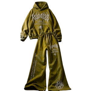 Ensemble de survêtement deux pièces personnalisé en coton respirant avec pantalon évasé, imprimé en relief et délavé à l'acide - Product Image 5