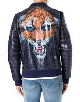 Blouson Bomber en Cuir pour Homme Hiver Décontracté Haute Qualité, Motif Tigre sur Toile, Col Montant, Fermeture Éclair, Service OEM Personnalisé