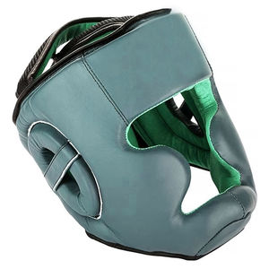 Logotipo personalizado MMA Head Guard Khaki Black Boxing Cascos para Thai Kickboxing Taekwondo Fight Combat Protección facial Hecho de cuero - Product Image 4