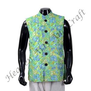 Veste Kantha ethnique matelassée à imprimé bloc à la main hiver manteau court en coton pour hommes veste en coton imprimé bloc en gros - Product Image 3