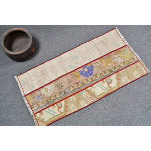 Alfombra Turca Vintage Bohemia, Color Beige, 1,5x2,8 pies, Diseño de Retazos de Lana, Rectángulo Abstracto de Látex para Habitación de Pasillo - Product Image 2