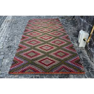 Alfombra Turca Kilim Roja Ecológica Tradicional de 5.2x10.4 pies, Alfombra Grande de Tejido Plano con Respaldo de Látex y Lana, Diseño de Patchwork para Comedor, Alfombra de 9x12 - Product Image 1