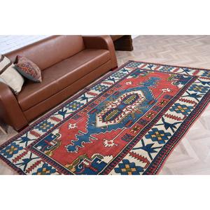 พรมตุรกีโบราณ ขนาด 5.5x8.5 ฟุต พรมลายตารางสีแดง ทำจากขนสัตว์ - Product Image 4