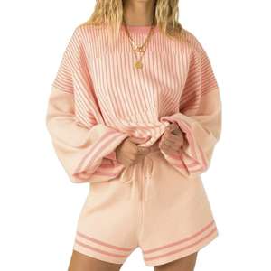 Autumn/Winter New Sweater Set Women Color Blocked Striped Knitted Shirt Long Sleeve <b>Shorts</b> Two Piece Set OEM - Product Image 5