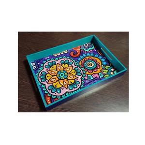 Colorido Meena Acacia madera ecológica grabado a mano indio decorativo lujo arte tradicional único hogar bandeja de servicio - Product Image 4