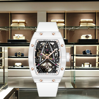 Montre mécanique automatique de luxe BLANCHE, design double-squelette, forme tonneau, cadran en cristal or rose, analogique, résistante à l'eau