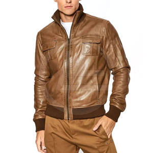 Chaqueta de cuero para hombre con logotipo personalizado y cuello con botones a presión Chaqueta de cuero elegante para hombre con múltiples bolsillos - Product Image 1