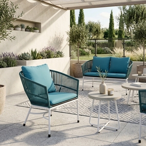 Fauteuil de jardin extérieur Teal avec structure en métal blanc, fauteuil en corde tressée avec coussins, pour l'aménagement de terrasse, design artistique et pur pour la décoration - Product Image 5