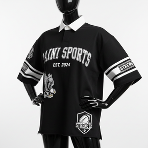 Camiseta de Rugby Premium para Hombre, de Algodón y Poliéster, 220 GSM, Diseño de Paneles Blanco y Negro, Logotipo Personalizado Bordado con Transferencia Térmica, Absorbe la Humedad - Product Image 3