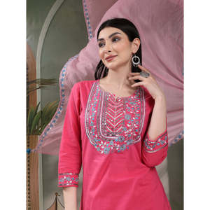 Women's Solid Embroidered Cotton Kurta Set with Chiffon <b>Pyjama</b> & Dupatta - Product Image 2