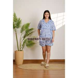 Custom Spring Summer Woven Cotton Pajamas <b>for</b> <b>Women</b> 1-Piece Casual Floral Short Shirt Pant Set Sleepwear <b>for</b> Home & Hotel Use - Product Image 2