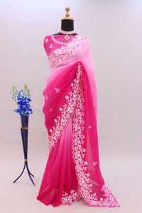 Traditionnel indien élégant Bollywood Designer rose-couleur broderie mariée Georgette Sari dernière mode Look ethnique tenue de fête - Product Image 4