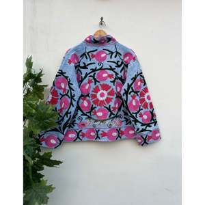Hand Stitched Floral Suzani Embroidery Reversible Spring <b>Jacket</b> <b>Kantha</b> Quilt Fabric Cotton Fringed Varsity Outerwear Single - Product Image 2