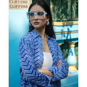 Casual Blue Chevron Co-ord Set for Spring/Summer XL Size Three-Quarter Sleeve <b>Top</b> and Above Knee Shorts <b>One</b> Set - Product Image 4