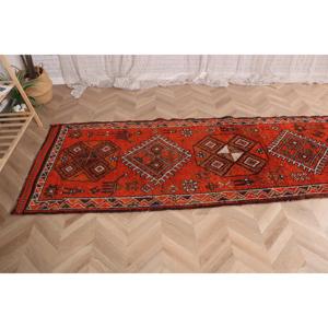 3.2x11 ft <b>Runner</b> Vintage Turkish Rug, <b>Red</b> Striped Wool Rug - Product Image 5