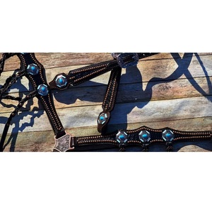 Ensemble de clous occidentaux les plus vendus des fabricants indiens Collier de poitrine en cuir noir Concho en cristal Boucle du Pentagone Équitation - Product Image 3