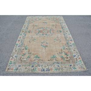 พรมขนสัตว์ลายปะต่อสีเขียวสีเบจคลาสสิกขนาด5.2x8.5ฟุตทำด้วยมือสไตล์ตุรกีพรมยางสี่เหลี่ยมสำหรับทางเดินข้างเตียงแบบใหม่ - Product Image 1