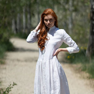 100% lin été femmes décontracté élégance à manches longues fabricants col décontracté manches longues côté uni blanc coton Maxi Long - Product Image 1