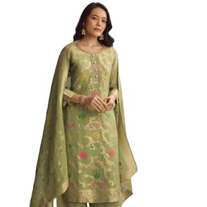 Verde Banarasi Tissue Palazzo Suit Venta al por mayor Mujeres Ropa étnica OEM Fábrica de ropa Proveedor a granel Fabricante de moda personalizado - Product Image 4