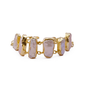 Natural White <b>Pearl</b> Gemstone Rectangular Shape <b>Bracelet</b> <b>Gold</b> Plated Bezel Set Birthstone Bangle <b>Bracelet</b> Handmade Design Jewelry - Product Image 2