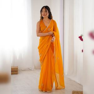 NUEVO SAREE ATRACTIVO DE COLOR AMARILLO, IDEAL PARA FIESTAS Y EVENTOS, CON BLUSA SIN COSTURAR - Product Image 1